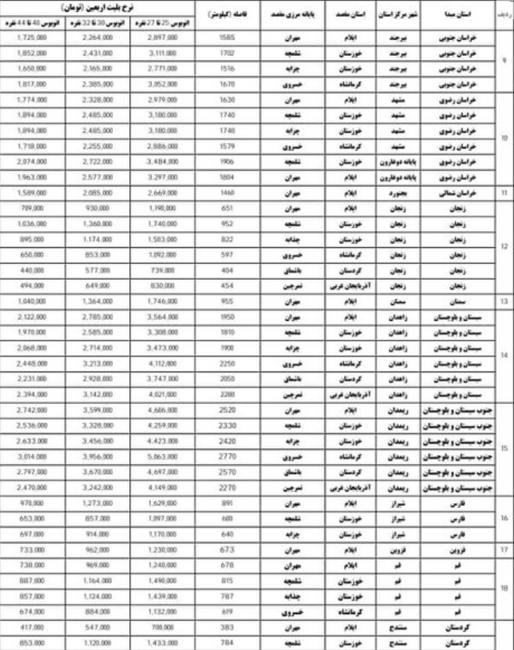 نرخ بلیتهای اتوبوس اربعین اعلام شد نرخ بلیتهای اتوبوس اربعین اعلام شد
